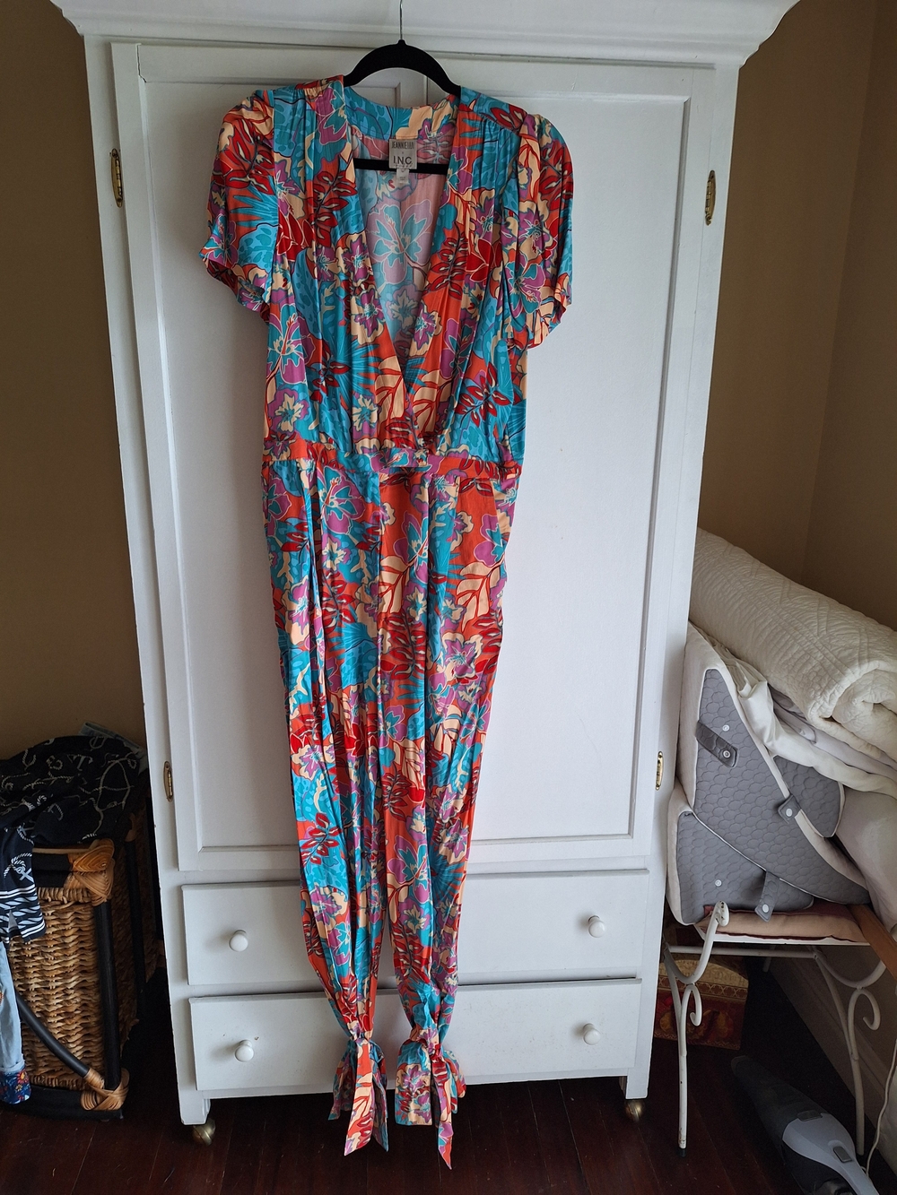 INC International Concepts Turquoise & Coral Floral Tie-Hem Jumpsuit
